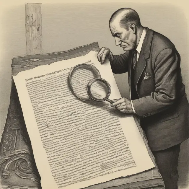An investigator meticulously reviews Enron’s mission statement with a magnifying glass, emphasizing the significance of evaluating company practices for ethical investing.