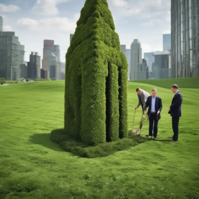 An ethical investor weaving a green carpet among corporate giants, representing the integration of ESG practices in contemporary investing.