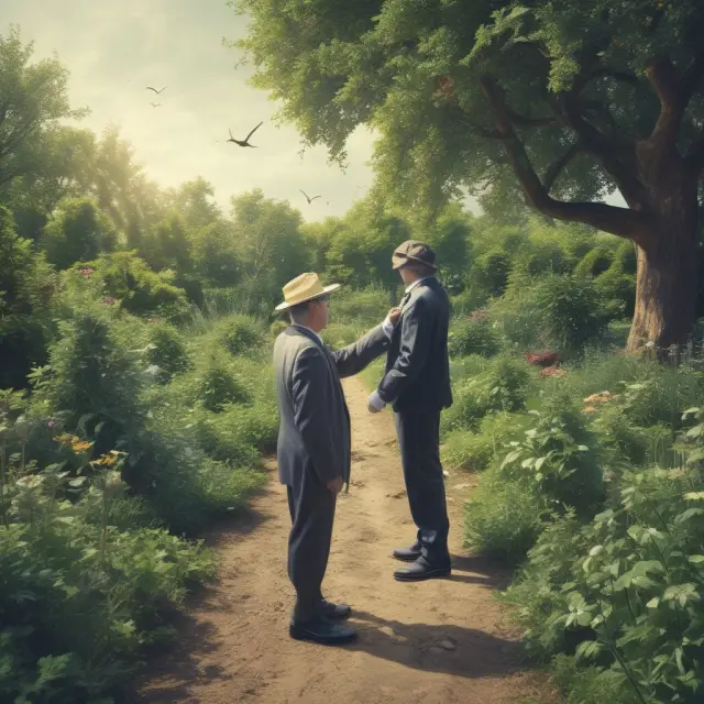 An ethical investor tending to a lush garden, identifying and removing sin stocks as unwanted weeds