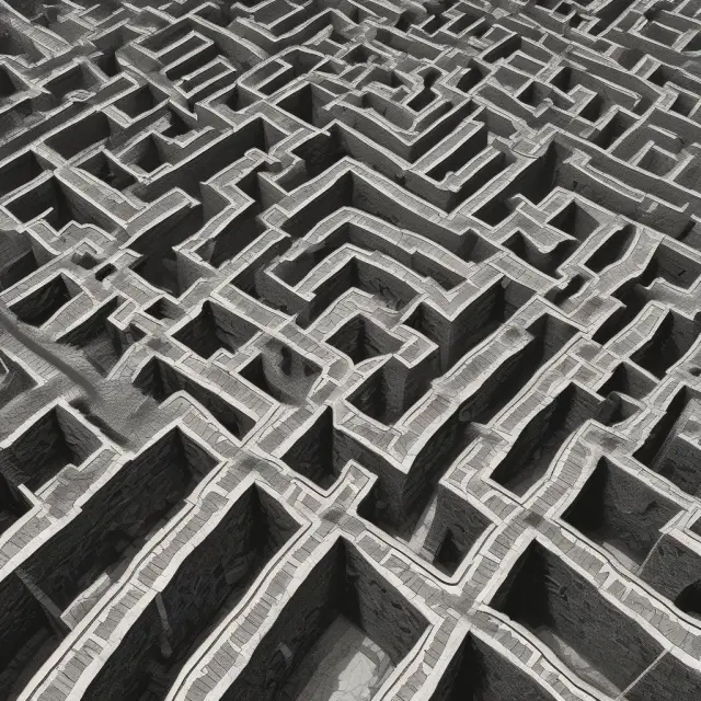 A complex maze symbolizing the Euribor controversies and interbank lending rate manipulations, with investigators exploring its depths to ensure financial transparency