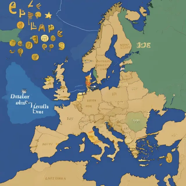 A map showcasing 19 European Union member states using gold coins and 4 non-EU nations with golden coins placed near their borders, symbolizing their adoption of the euro as their official currency.