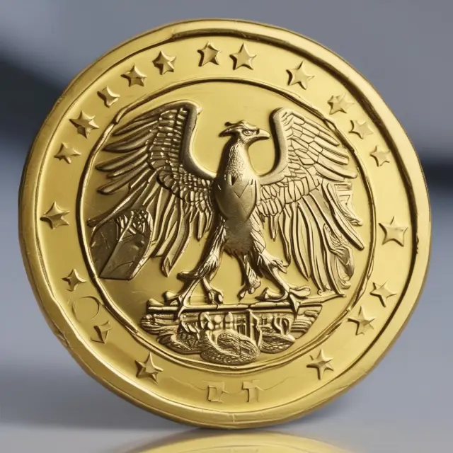 Image of a mythical European Central Bank phoenix reborn from ashes, holding a golden euro symbol in its talons