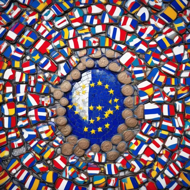 European unity mosaic forming a stable euro coin, symbolizing the importance of the shared currency in international trade and EU politics.