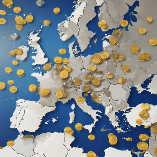 Visualization of the euro as a unifying force, with currency coins flowing between connected EU countries on a map