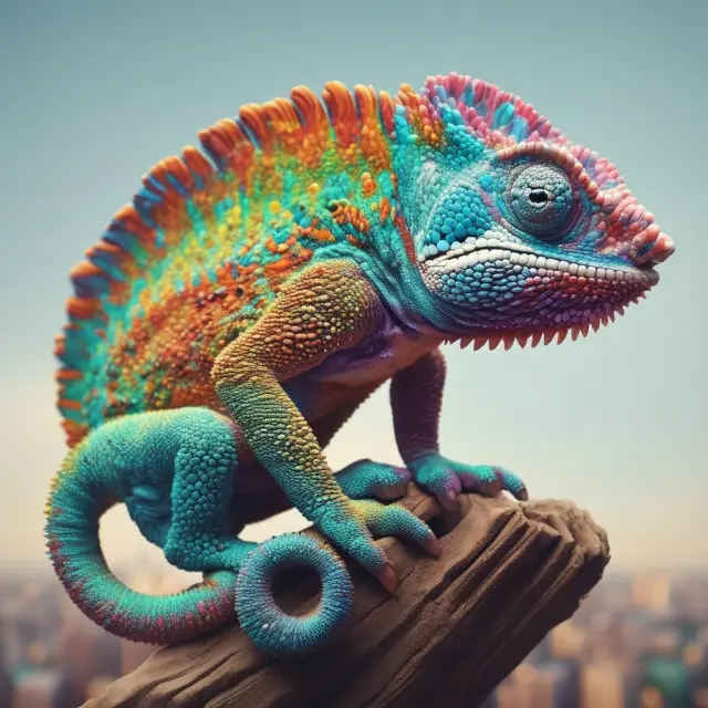 A chameleon transforming between different colors symbolizes the versatile nature of Eurobonds, adapting to various financial markets.