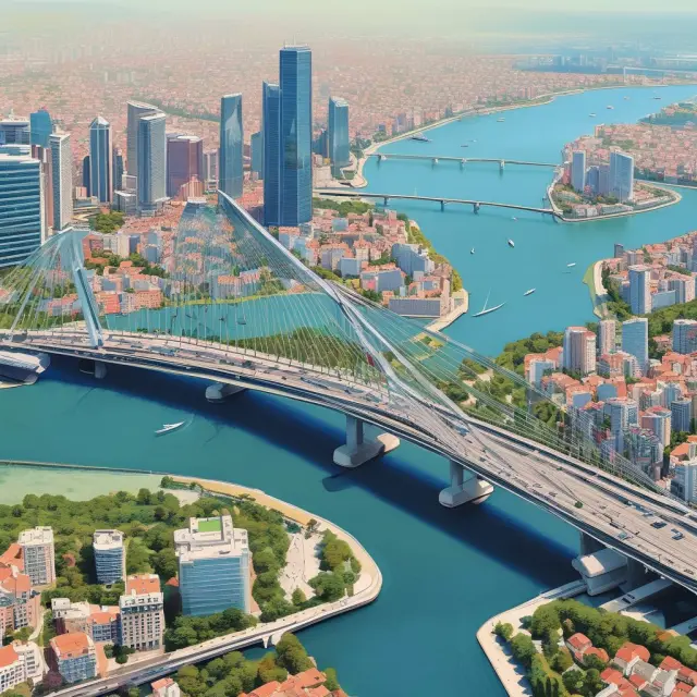 Bridge connecting two continents with Eurobonds flowing between them, enhancing global economic integration.