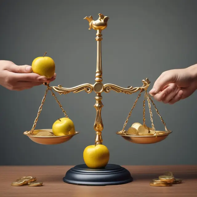 Golden apple being exchanged for euros in a Euroclear scale, representing Delivery versus Payment securities transaction