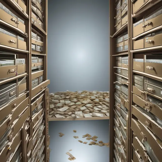An ornate European-style deposit box overflowing with various interconnected securities and currencies, illustrating Euroclear