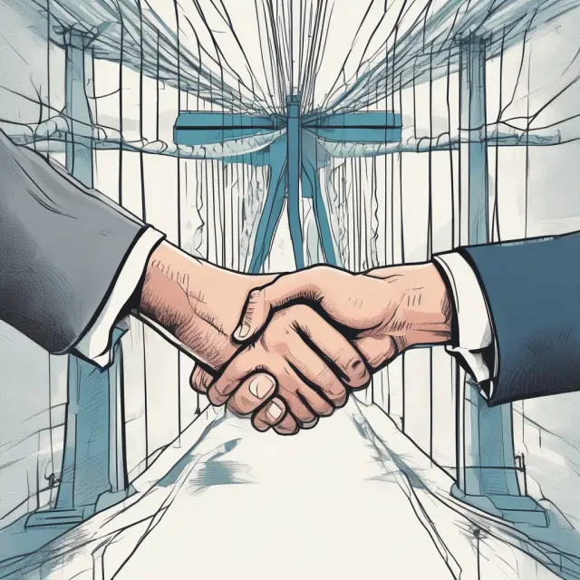 Two hands symbolically joining together, exchanging Euroclear-branded securities. Bridging buyers and sellers in the financial market.