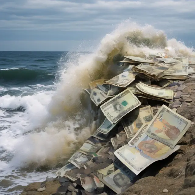 An image depicting eurocurrency waves interacting with traditional currency shores in a dynamic market scenario.