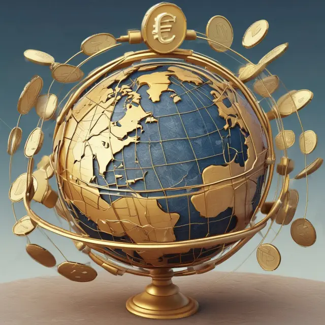 A golden euro coin resting atop a world map with interconnected banks symbolizing the global reach of the Eurodollar market