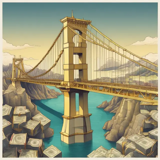 A golden bridge symbolizing Eurodollars, linking diverse global economies through efficient international trade and investment