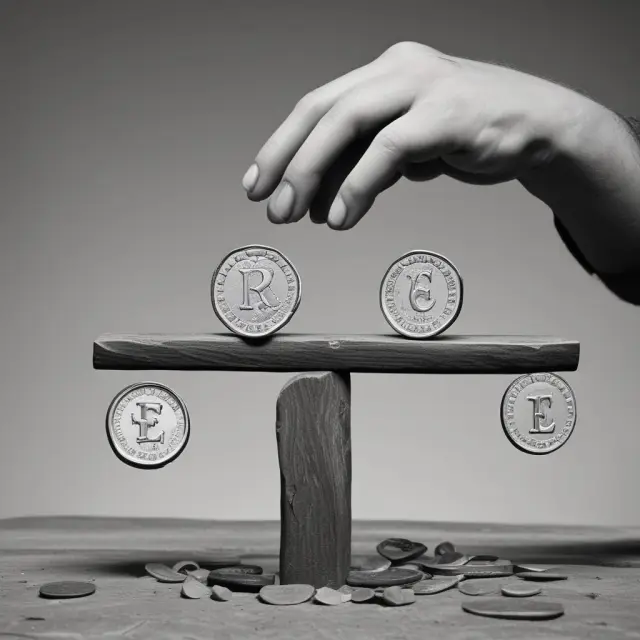 Two hands representing Regulation and Risk balancing greyscale euro coins, emphasizing the ongoing tension between market freedom and risk in eurodollar transactions.