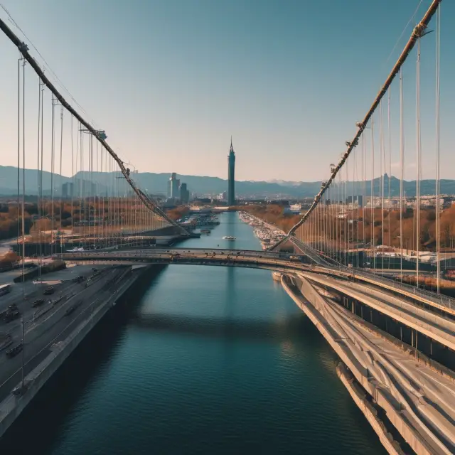 A metaphorical bridge joining two realms: a marketplace symbolizing commerce, and banks embodying eurofinance