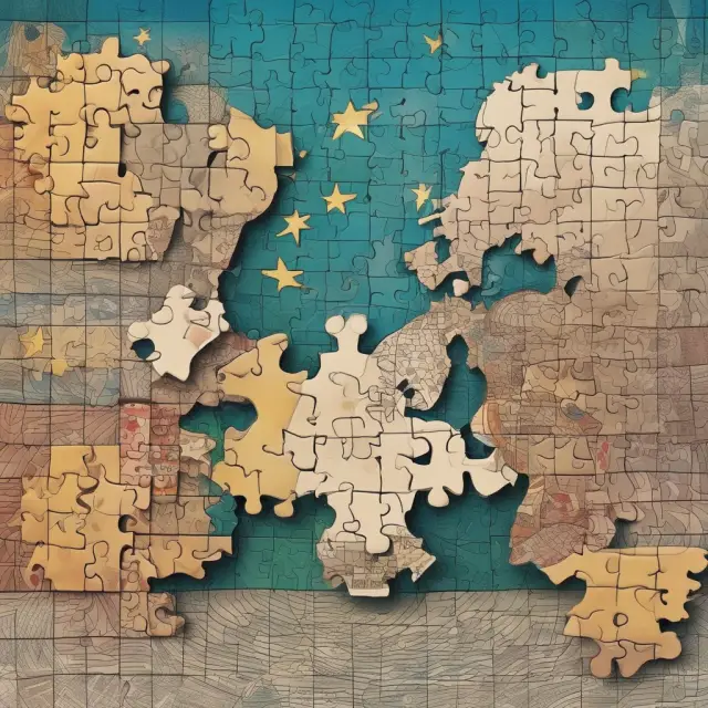 A complex puzzle depicting the interwoven risks of exchange rate, credit, operational, and legal nature, representing challenges within eurocurrency transactions