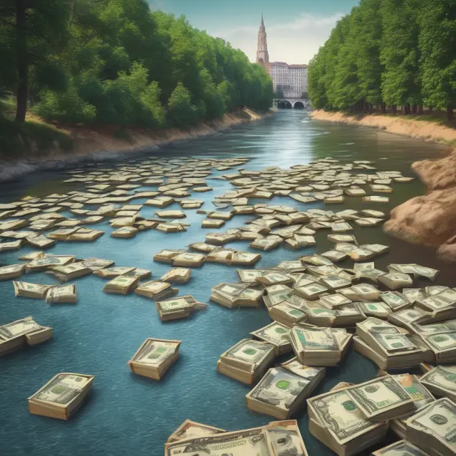 A riverside scene with banks as docks, symbolizing the euromarket. Interest rates represented by the river