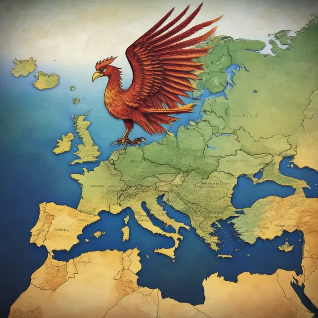 A mythical Phoenix emerging from ashes above a European map, illustrating EBA