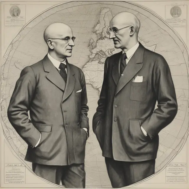 Jean Monnet and Robert Schuman collaborating around a map, signifying the foundation of the European Coal and Steel Community in 1951.