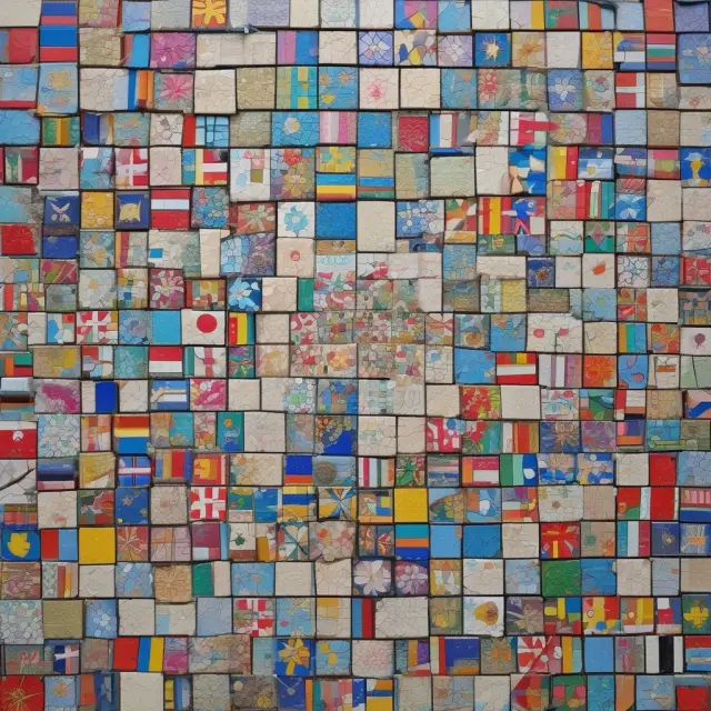 A vibrant European Union mosaic featuring 27 tiles representing member countries, with Brexit depicted as a single tile detaching and drifting away