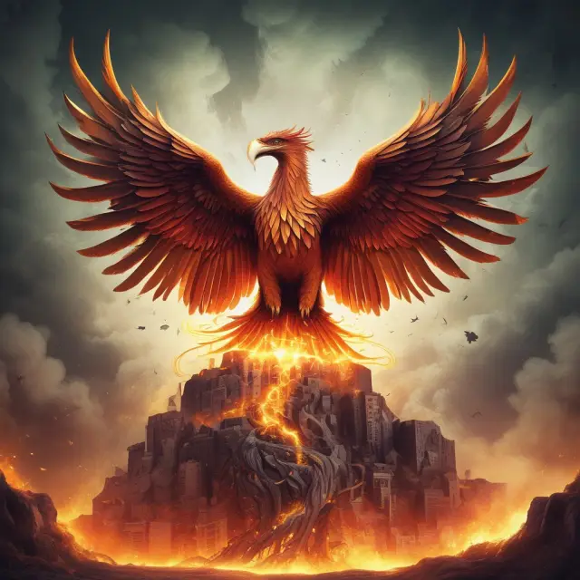 A mythical phoenix emerging from flames, representing the transformation of European financial regulations under the European Community
