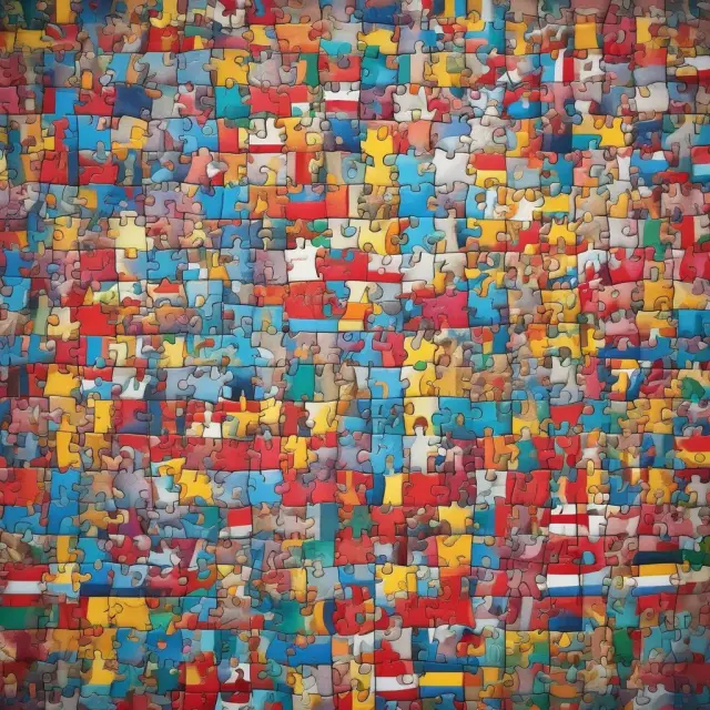 A European map with interlocking puzzle pieces forming the EU flag and its member countries