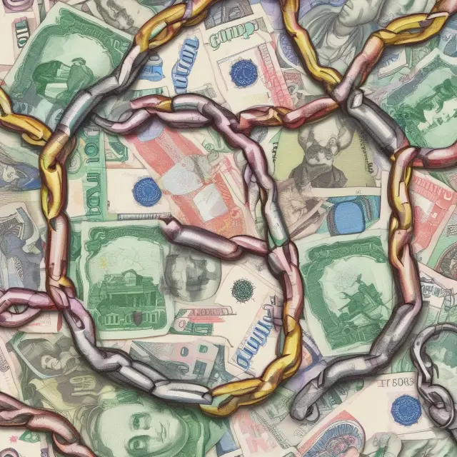An intricate chain of linked European currency coins with an ECU symbol in the center, illustrating international financial transactions involving ECUs