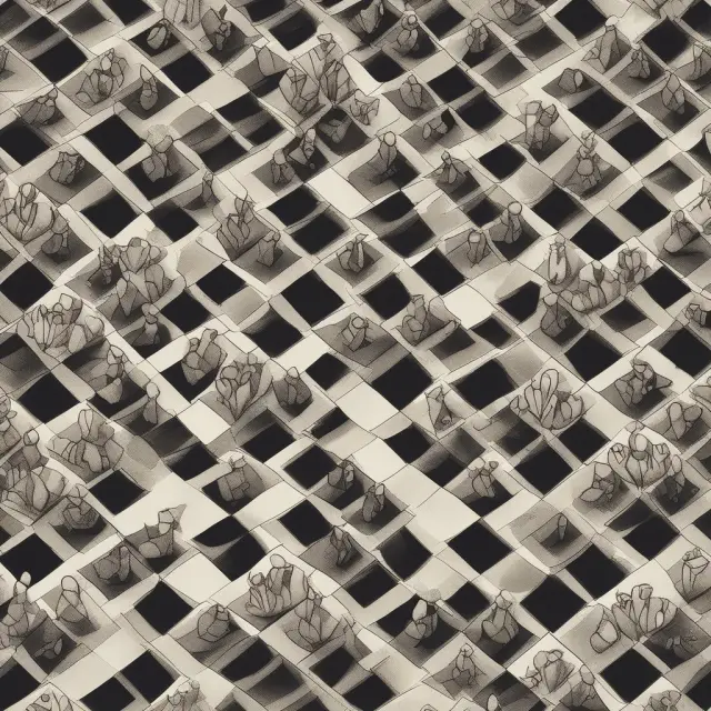 A chessboard with European currencies representing pieces in a dynamic and tense game, reflecting the political and economic challenges faced by the European Monetary System.