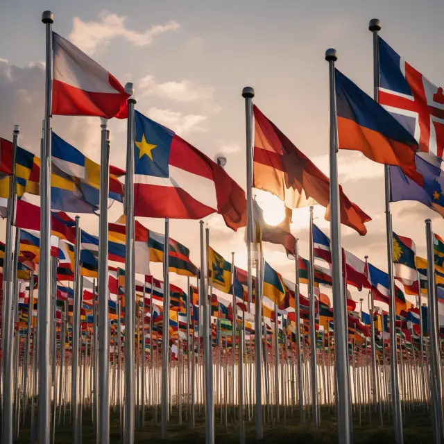 Twelve EU flags over a sunset, signifying the end of the European Currency Unit (ECU) and the beginning of the euro