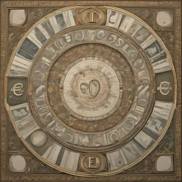 A colorful mosaic of European currency symbols coalescing around the euro