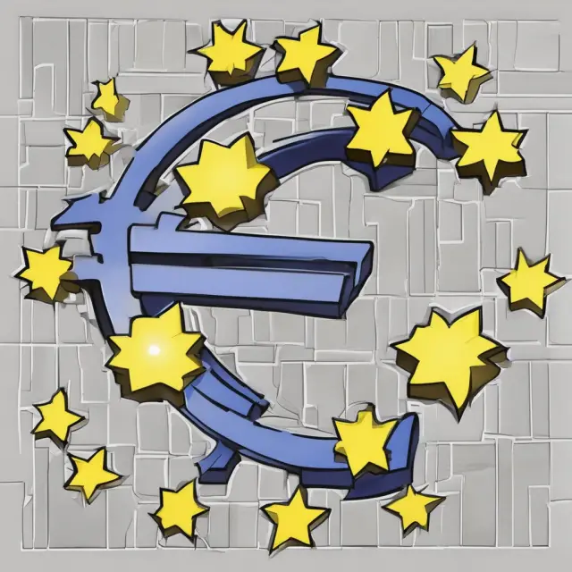 An elegant ballroom scene depicts the ECB conducting a harmonious dance with the Eurosystem and PESB to maintain financial balance within Europe