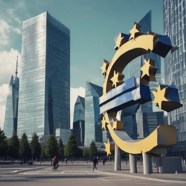 The ECB, represented by a wise owl, supervising a group of European Union skyscrapers symbolizing banks, ensuring their stability and growth.