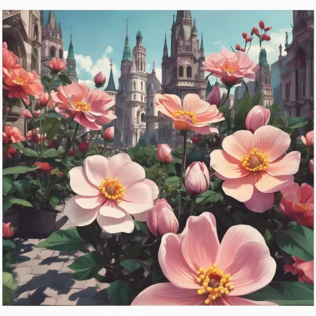 A European option contract depicted as a beautiful, time-limited flower opening in the bustling marketplace, symbolizing its potential for growth before wilting away