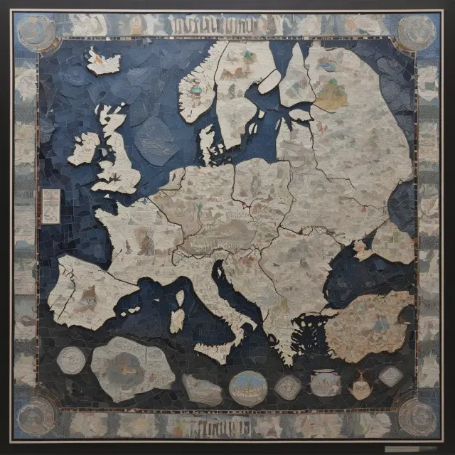 Mosaic representation of the European Coal and Steel Community growing into the European Union through various expansion steps