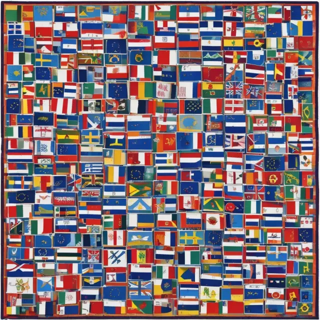 An intricate mosaic shows various EU flags, symbolizing member nations coming together as the common market expands