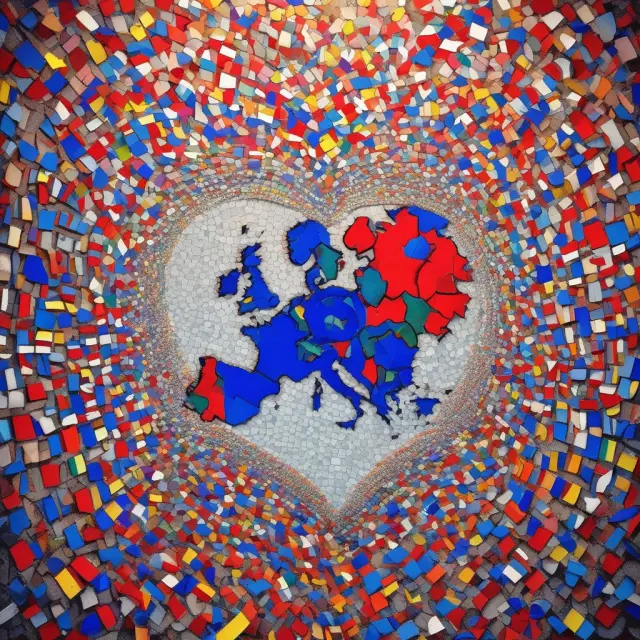 Image of interconnected EU flags, European Commission, Council, and a pulsating euro symbol representing the EU