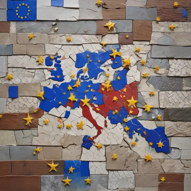 Mosaic of Europe with fractured pieces being put back together symbolizing EU