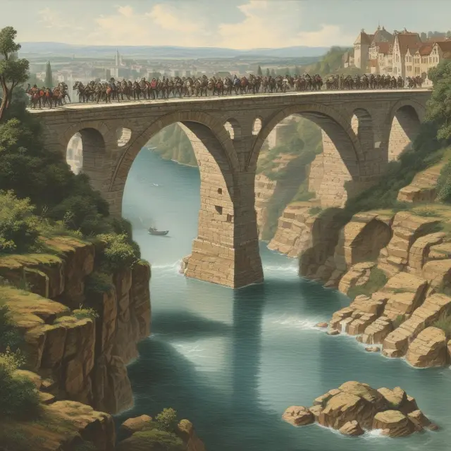 An image of an ancient bridge spanning the continent with various European countries represented as sections, some overflowing with wealth while others appear to be struggling