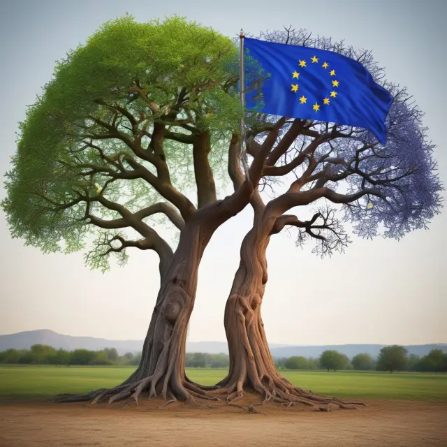 Two growing trees represent the European Union (EU) and the United States, illustrating common origins and differing growth patterns