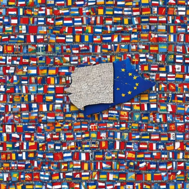 A dynamic mosaic of European Union country flags evolving into a united EU flag.