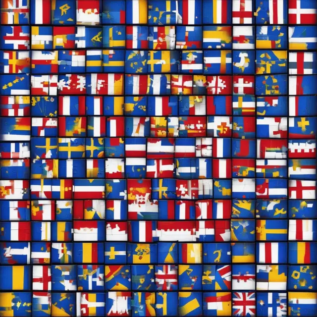 A metaphorical depiction of the EU as 27 interconnected puzzle pieces forming a mosaic European Union flag, symbolizing unity among diverse member states