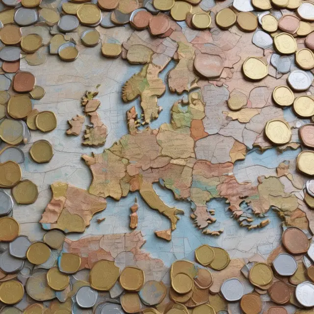 A tableau of Euro coins and maps merging into a cohesive puzzle, representing the Eurozone
