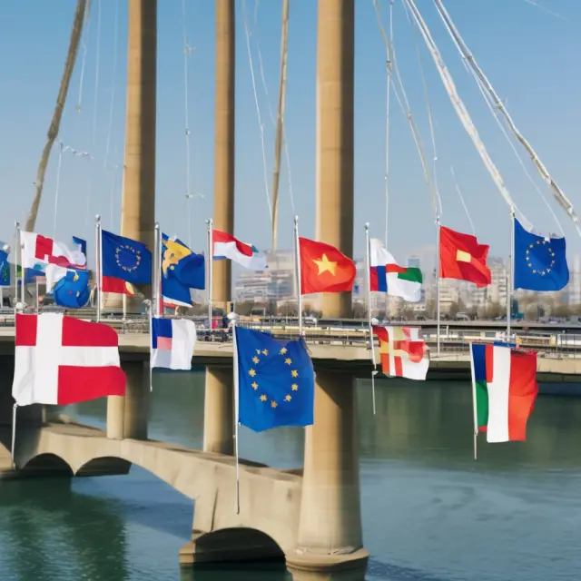 European Union nations shown on a bridge: some carrying the Euro flag, while others hold their unique currencies