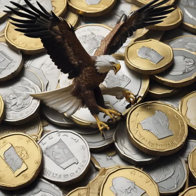 Eagle flying over three stabilized Euro coins representing long-term interest rates and convergence in the EU.
