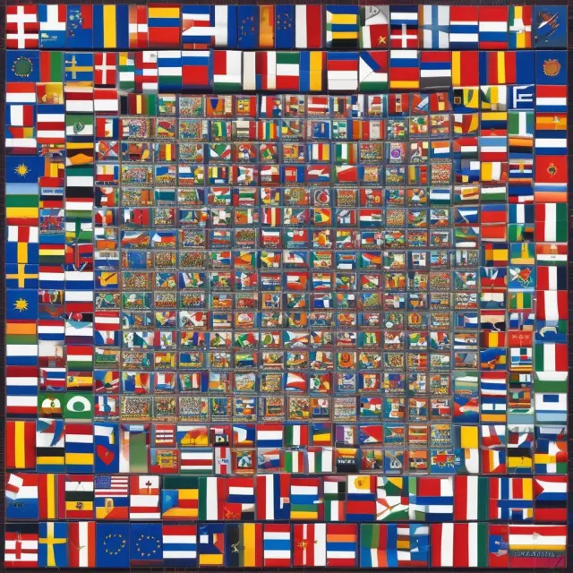 Image: A mosaic of European Union country flags, depicting some flags with euro symbols representing member states in the Eurozone