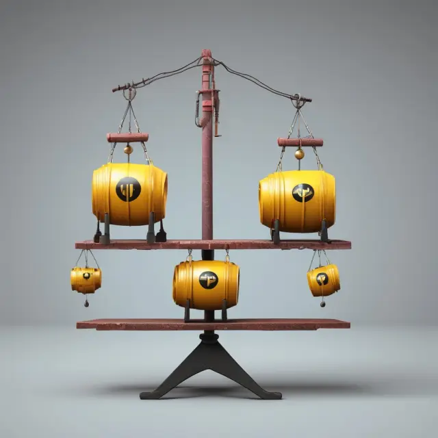 See-saw scale with some oil barrels representing overvalued companies (higher EV/2P ratio) and others representing undervalued companies (lower EV/2P ratio).