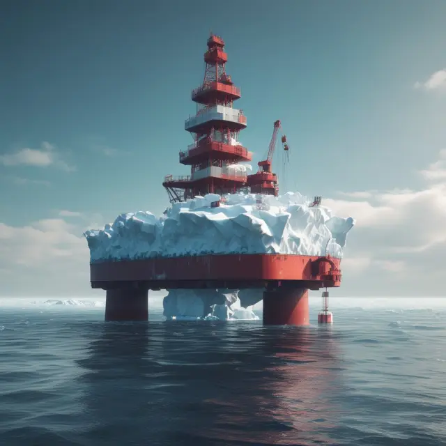An oil rig precariously perched on top of a melting iceberg represents the challenges of using EV/2P ratio for oil company valuations and managing risks
