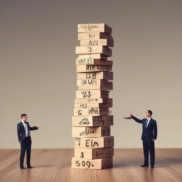 Jenga tower representing the enterprise multiple, with blocks for equity, debt, and EBITDA