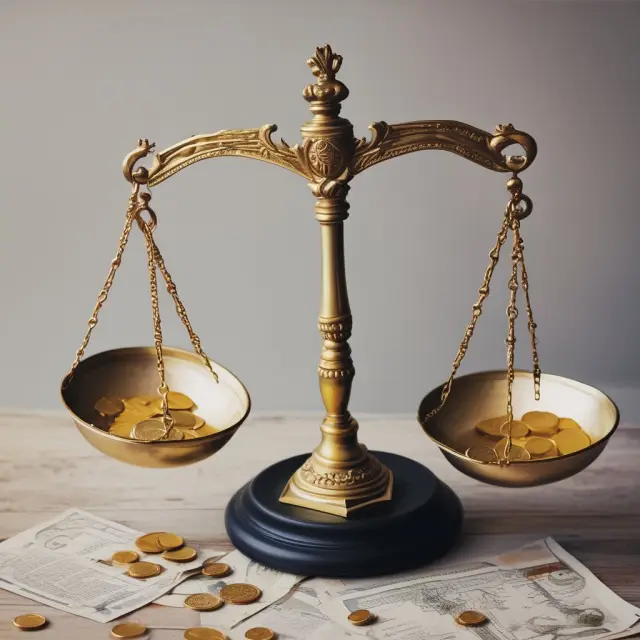 Golden balance scale with coins symbolizing equity and debt notes illustrating EV/EBITDA ratio