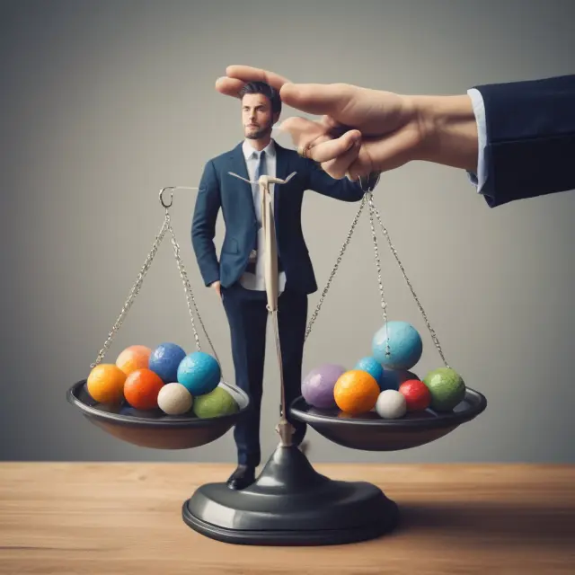 An investor balancing a scale with balls representing companies, using enterprise multiple ratio to determine undervalued or overvalued investments
