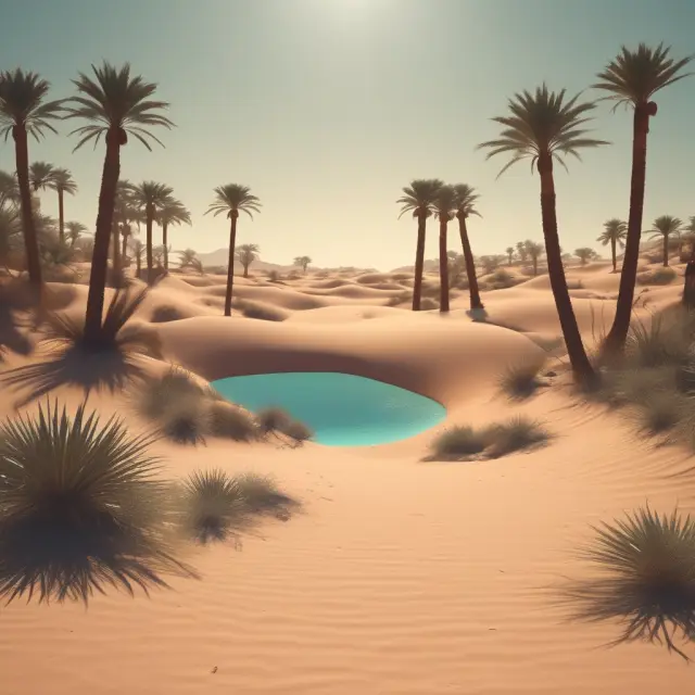 A mirage oasis in a vast desert landscape, representing potentially misleading value traps in the context of enterprise multiples